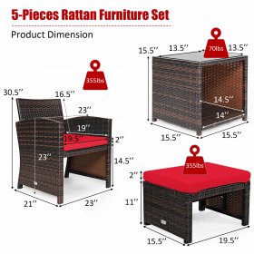 Costway 5PCS Patio Rattan Wicker Furniture Set Sofa Ottoman W/ Cushions Red
