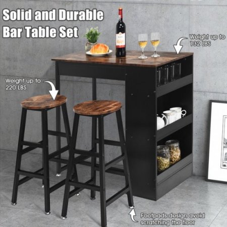 Costway 3 Pieces Bar Table Set Industrial Counter with Storage Black