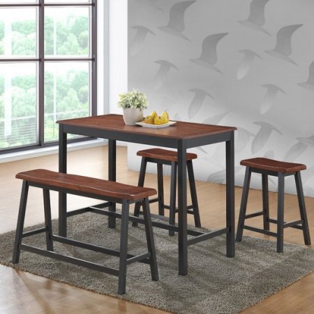 Costway 4 Pcs Solid Wood Counter Height Table Set w/ Height Bench & Two Saddle Stools