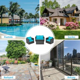 Costway 4PCS Patio Rattan Cushioned Sofa Chair Coffee Table Turquoise