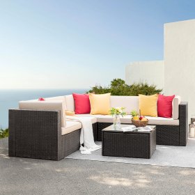 Devoko 6 Pieces Patio Furniture Set Outdoor Sectional Sofa Outdoor Furniture Set Patio Sofa Set Conversation Set with Cushion and Table, Beige