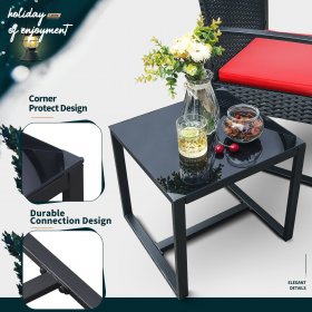 Lacoo 3 Pieces Patio Indoor Conversation Set Cushioned PE Rattan Bistro Chairs Set of 2 with Coffee Table, Black/Red