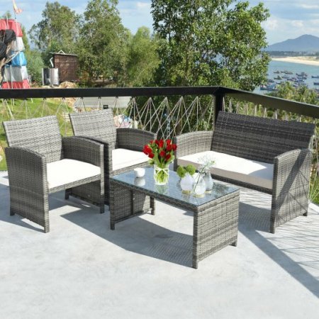 Costway 4PCS Rattan Patio Furniture Set Garden Lawn Sofa Cushioned Seat Mix Gray Wicker