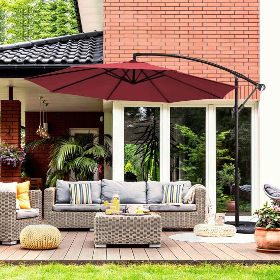 Costway 10FT Patio Offset Hanging Umbrella Easy Tilt Adjustment 8 Ribs Backyard Burgundy