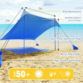 Costway Family Beach Tent Canopy w/ 4 Poles Sandbag Anchors 7'x7' UPF50+ Blue