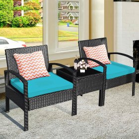 Costway 3PCS Outdoor Patio Rattan Furniture Sofa Set Coffee Table Conversation Sofa Cushioned Turquoise