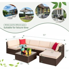 Devoko 7 Pieces Patio Furniture Sets All-Weather Outdoor Sectional Sofa Manual Weaving Wicker Rattan Patio Conversation Set with Cushion and Glass Table, Beige