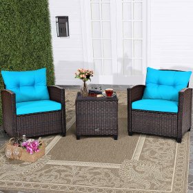 Costway 3PCS Patio Rattan Furniture Set Cushioned Conversation Set Sofa Turquoise