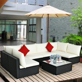Costway 7PCS Patio Rattan Furniture Set Sectional Sofa Cushioned Glass Table Steel Frame