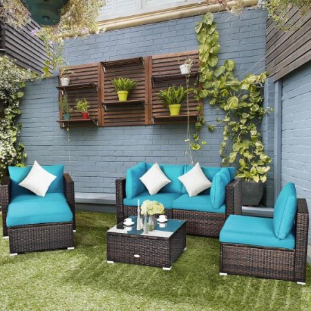 Costway 6PCS Patio Rattan Furniture Set Cushion Sofa Coffee Table Turquoise