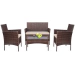 Lacoo 4 Pieces Outdoor Patio Furniture Black PE Rattan Wicker Table and Chairs Set Bar Balcony Backyard Garden Porch Sets with Cushioned Tempered Glass, Beige Cushion