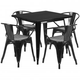 Flash Furniture Grady Commercial Grade 31.5" Square Black Metal Indoor-Outdoor Table Set with 4 Arm Chairs