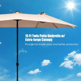 Costway 15Ft Patio Double-Sided LED Market Umbrella Crank Powered Solar Beige