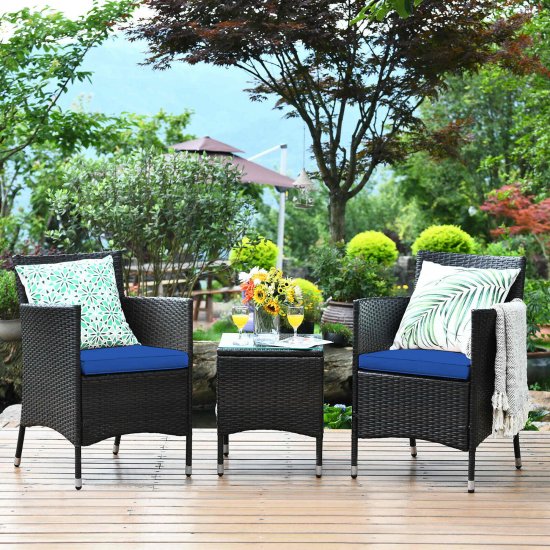 Costway Outdoor 3 PCS Rattan Wicker Furniture Sets Chairs Coffee Table Garden Navy