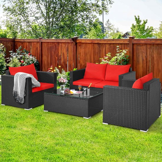 Costway 4PCS Patio Rattan Furniture Set Cushioned Sofa Chair Coffee Table Garden Red