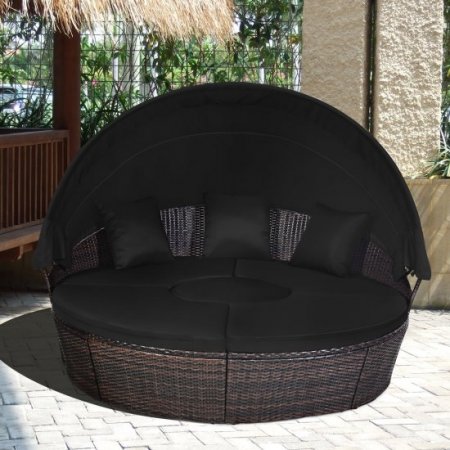 Costway Patio Rattan Daybed Cushioned Sofa Adjustable Table Top Canopy Black