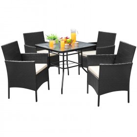 LACOO 5 Pieces Patio Furniture Dining Set Outdoor Wicker Chairs with Tempered Glass Table, Beige Cushion