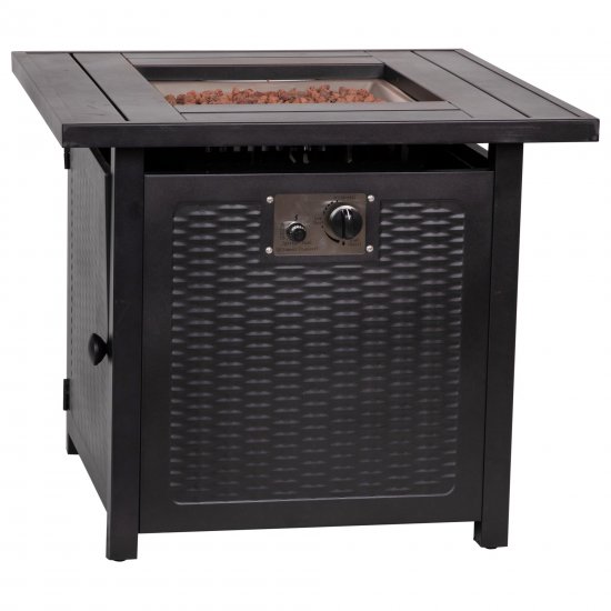 Flash Furniture Olympia 28\" Square 50,000 BTU Outdoor Propane Gas Fire Pit Table with Stainless Steel Tabletop, Lid, Lava Rocks, and Steel Wicker Detail Base Black
