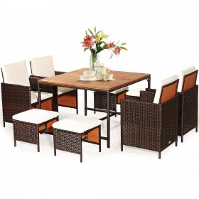 Costway 9PCS Patio Rattan Dining Set Cushioned Chairs Ottoman Wood Table Top White