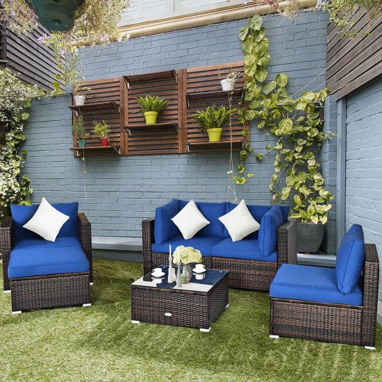 6PCS Patio Rattan Furniture Set Sectional Cushion Sofa Coffee Table Ottoman Navy