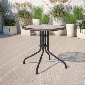 Flash Furniture 28 Round Tempered Glass Metal Table with Dark Brown Rattan Edging