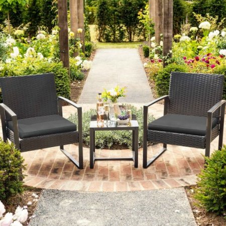 Lacoo 3 Pieces Patio Conversation Set PE Rattan Bistro Chairs Set of 2 with Coffee Table, Black