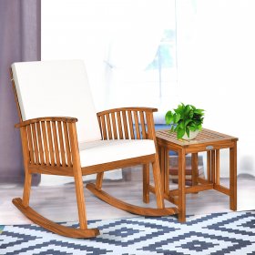Costway 2PCS Acacia Wood Patio Rocking Chair Set Cushioned Coffee Table