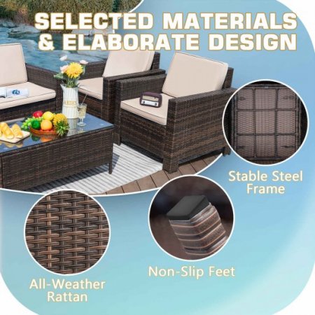 Lacoo 4 Pieces Patio Furniture Sets Rattan Chair Wicker Conversation Sofa Set Outdoor Backyard Porch Garden Poolside Balcony Use Furniture, Beige