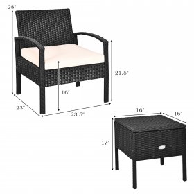 Costway 3PC Outdoor Patio Rattan Furniture Set Storage Coffee Table Cushioned Sofa Black