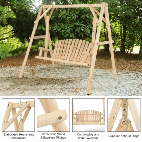 Costway A-Frame Wooden Porch Swing Outdoor garden rural Torched Log Curved Back Bench