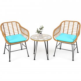 Costway 3PCS Patio Rattan Bistro Furniture Set Cushioned Chair Table Turquoise