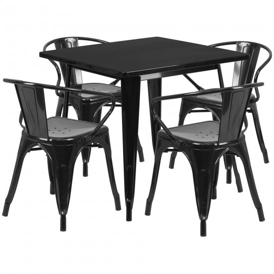 Flash Furniture Grady Commercial Grade 31.5\" Square Black Metal Indoor-Outdoor Table Set with 4 Arm Chairs