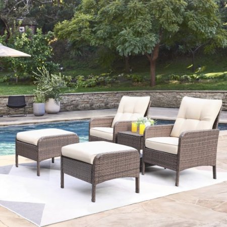 Lacoo 5 Pieces Wicker Patio Furniture Set Outdoor Patio Seat Conversation Cushion Chairs with Table & Ottomans, Beige
