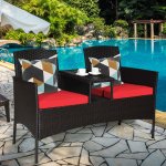 Costway Patio Rattan Loveseat Sofa Cushioned Coffee Table Red