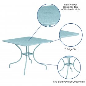 Flash Furniture Commercial Grade 35.5" Square Sky Blue Indoor-Outdoor Steel Patio Table with Umbrella Hole