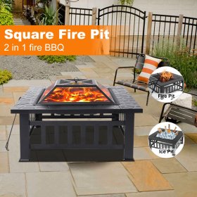 Multifunctional Fire Pit Table, 32 Fireplace Heater/Ice Pit, Square Metal Fire Pit Stove with Screen Lid and Log Poker for Backyard Garden Camping Picnic Bonfire
