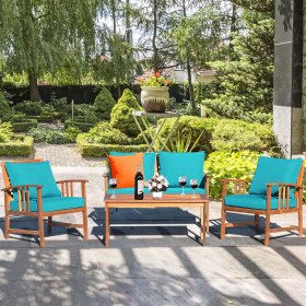 Costway 4PCS Wooden Patio Furniture Set Table Sofa Chair Cushioned Garden Turquoise