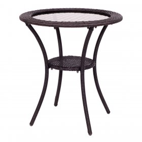 Costway Round Rattan Wicker Coffee Table Glass Top Steel Frame Patio Furni W/Lower Shelf