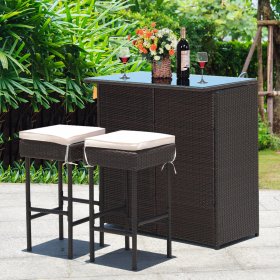 Costway 3PCS Patio Rattan Wicker Bar Table Stools Dining Set Cushioned Chairs Garden