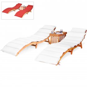Costway 3PCS Wooden Folding Lounge Chair Set Cushion Pad Pool Deck , Red, White, Eucalyptus Wood+Polyester Fabric And Sponge Padded