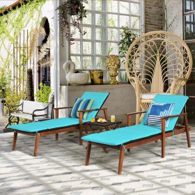 Costway 3PCS Patio Rattan Lounge Chair Folding Table Set Chaise Wood Cushioned Turquoise, Blue