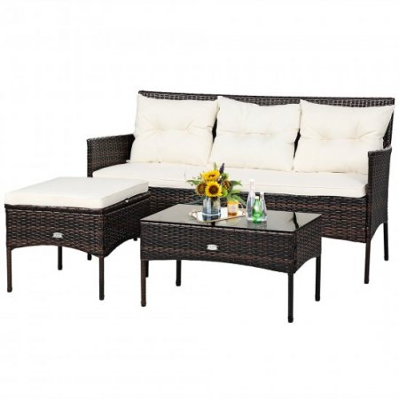 Costway 3PCS Patio Rattan Furniture Set 3-Seat Sofa Cushioned Table Garden