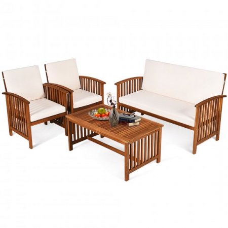 Costway 4PCS Patio Solid Wood Furniture Set Conversation Coffee Table W/White Cushion