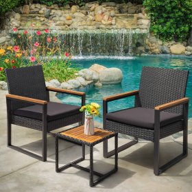 Devoko 3 Pieces Patio Conversation Set Outdoor Rattan Chair Set of 2 with Wood Coffee Table, Black