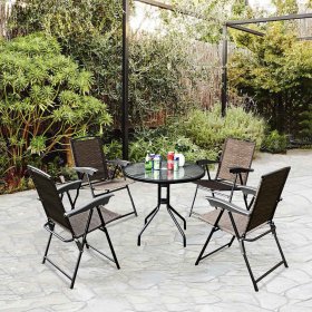 Costway 5PC Bistro Outdoor Patio Furniture Set Glass Table W/4 Folding Adjustable Chairs