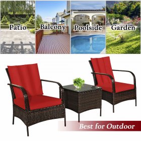 Costway 3 PCS Patio Rattan Furniture Set Coffee Table & 2 Rattan Chair W/Red Cushions