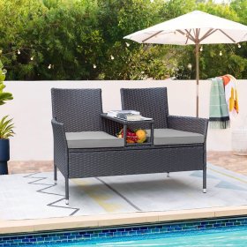 LACOO Outdoor Patio Loveseat Modern Wicker Patio Conversation Furniture Set with Cushions and Built-in Coffee Table Porch Furniture for Garden Lawn Backyard, Gray