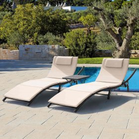 Devoko 3 Pieces Patio Outdoor Chaise Lounge Chair Clearance Outdoor Furniture Set PE Rattan Adjustable Folding Pool Lounge Chair Set, Beige
