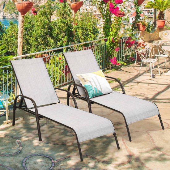 Costway 2PCS Patio Lounge Chair Chaise Adjustable Reclining Armrest Grey