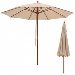 Costway 9.5 FT Patio Rope Pulley Wooden Umbrella Market w/Fiberglass Ribs Outdoor Beige